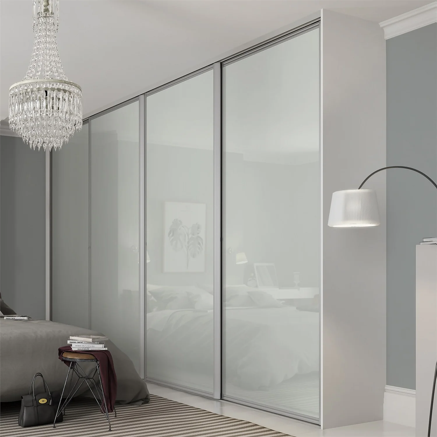 Ellipse Sliding Wardrobe Door 1 Panel Arctic White Glass With Aluminium Frame (W)762mm - Image 2