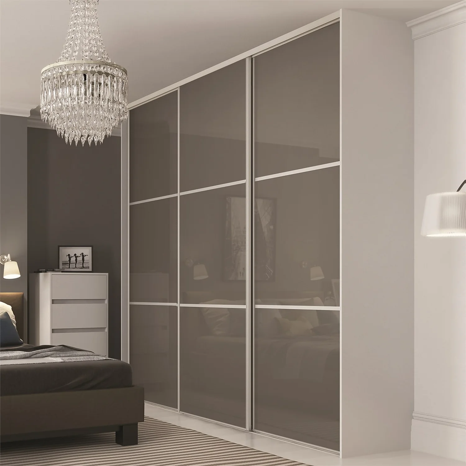 Linear Sliding Wardrobe Door 3 Panel Cappuccino Glass With Silver Frame (W)610mm - Image 2