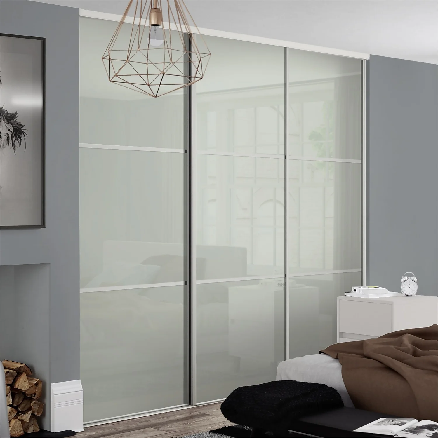Linear Sliding Wardrobe Door 3 Panel Arctic White Glass With White Frame (W)610mm - Image 2