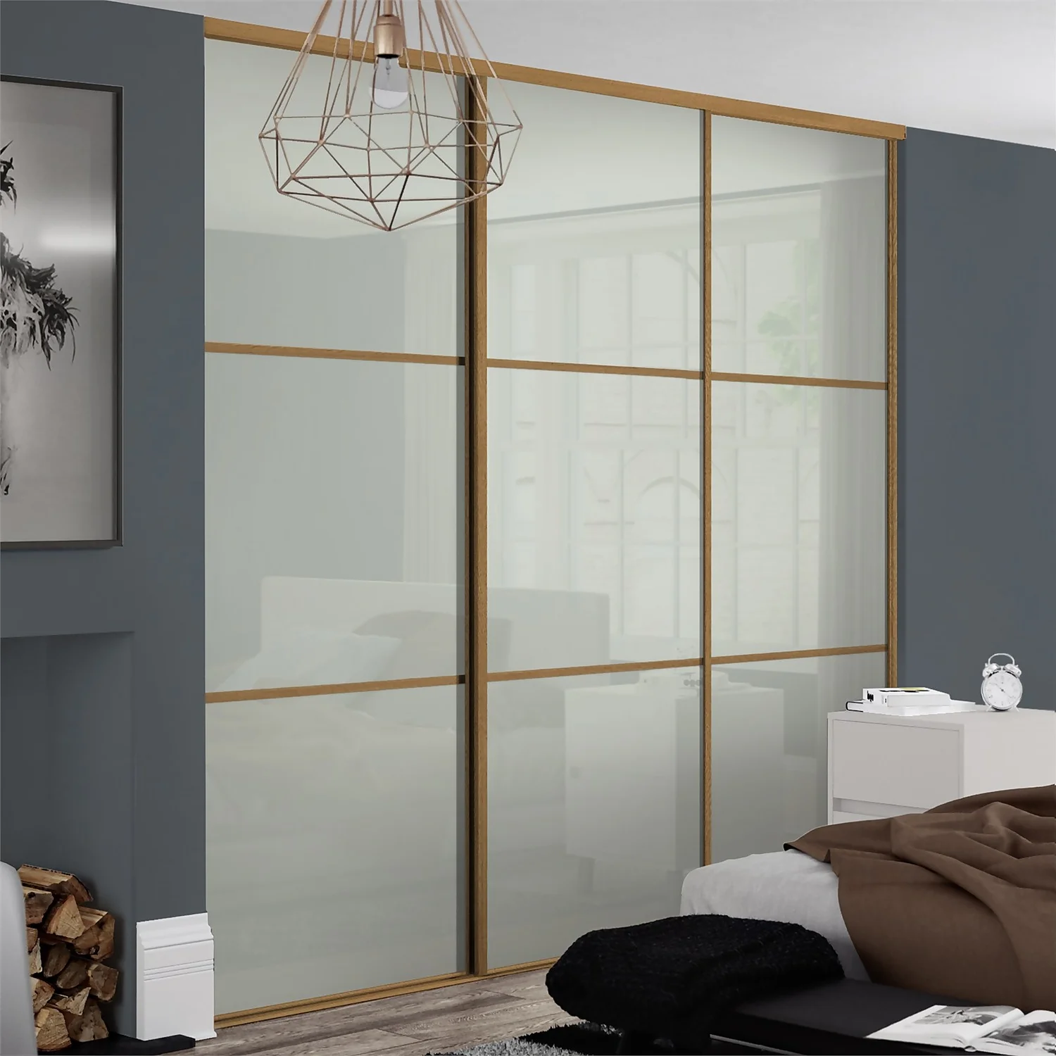 Linear Sliding Wardrobe Door 3 Panel Arctic White Glass With Oak Frame (W)762mm - Image 2