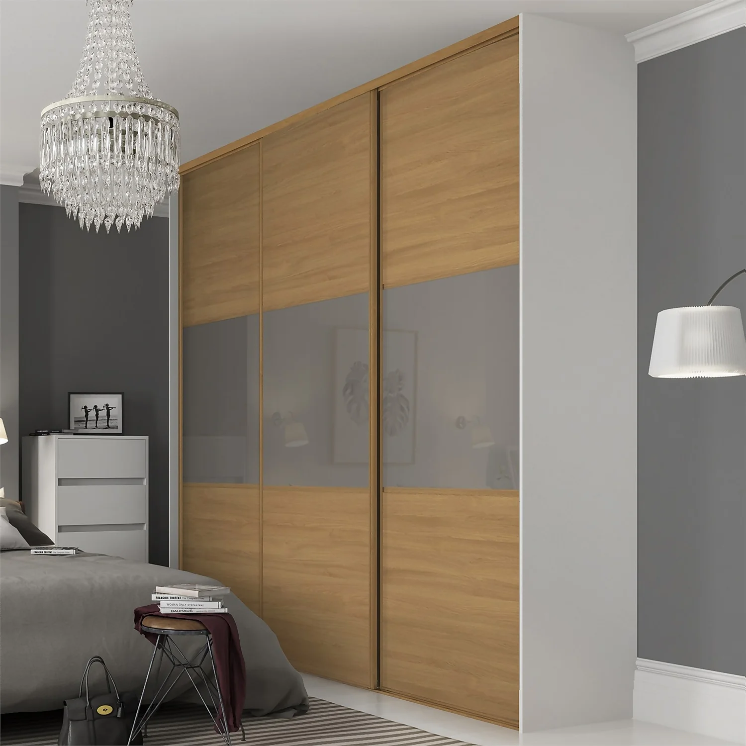 Linear Sliding Wardrobe Door 3 Panel Oak / Cappuccino Glass With Oak Frame (W)762mm - Image 2