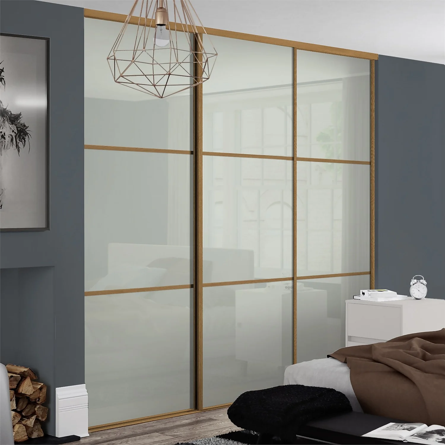 Linear Sliding Wardrobe Door 3 Panel Arctic White Glass With Oak Frame (W)914mm - Image 2