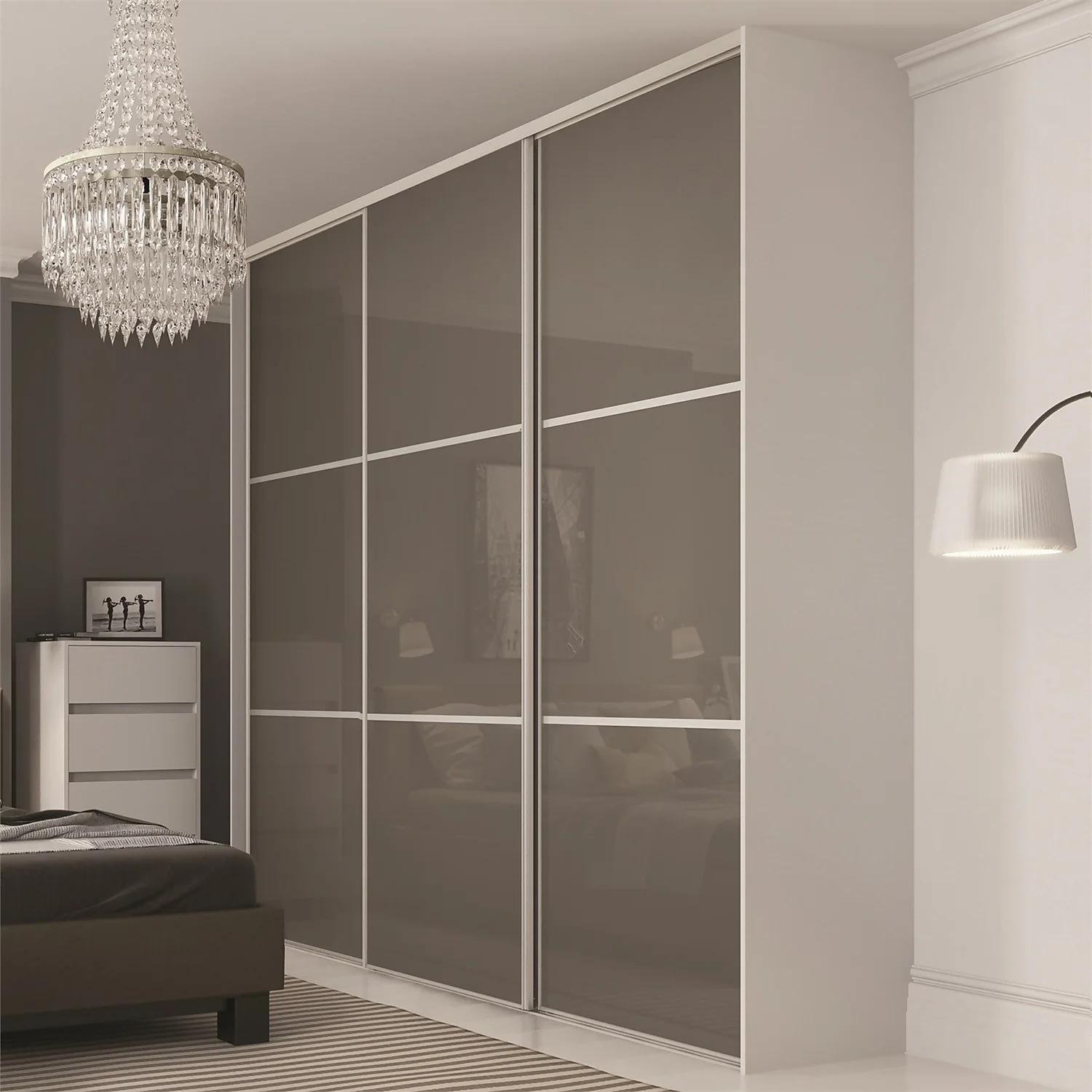 Linear Sliding Wardrobe Door 3 Panel Cappuccino Glass With Silver Frame (W)914mm - Image 2