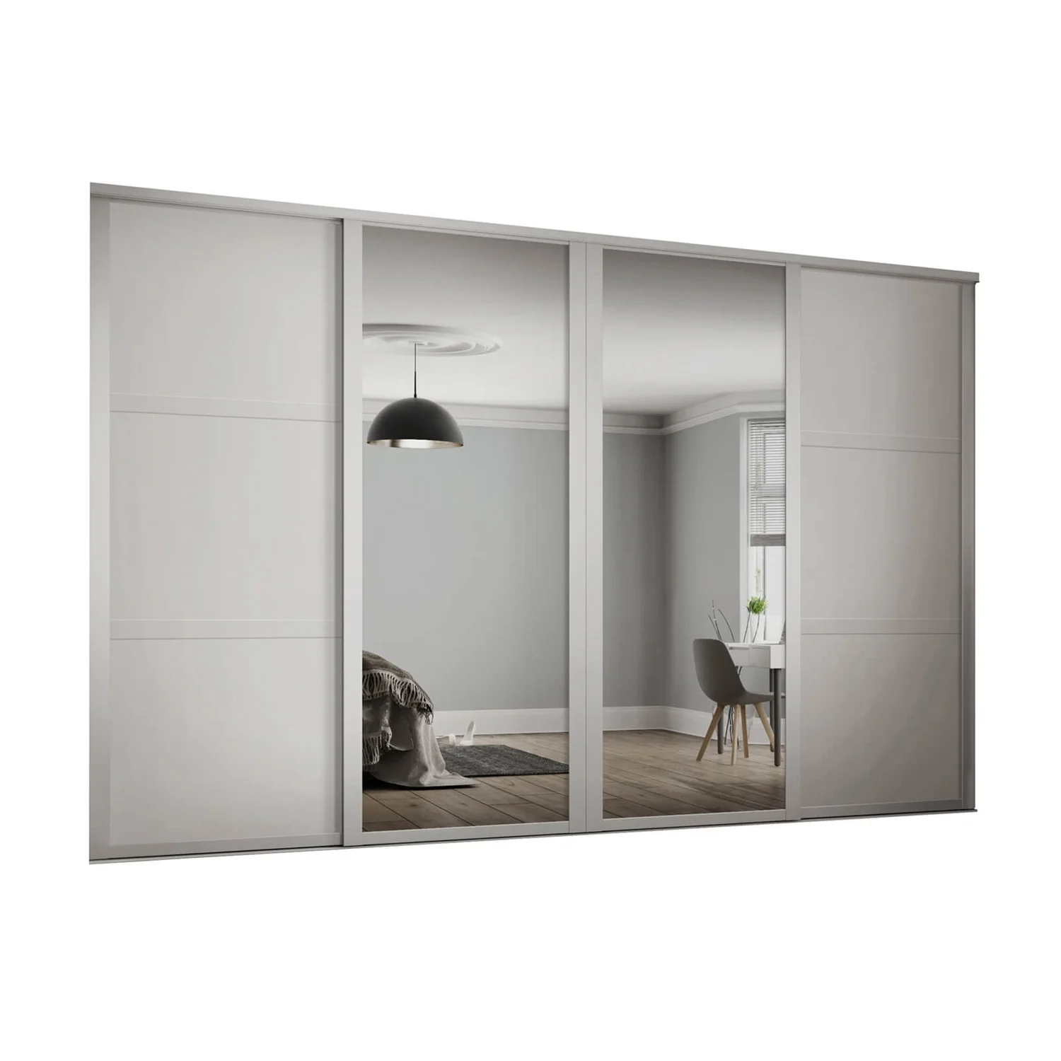 Shaker 4 Door Sliding Wardrobe Kit White Panel / Mirror With White Frame (W)2898 X (H)2260mm