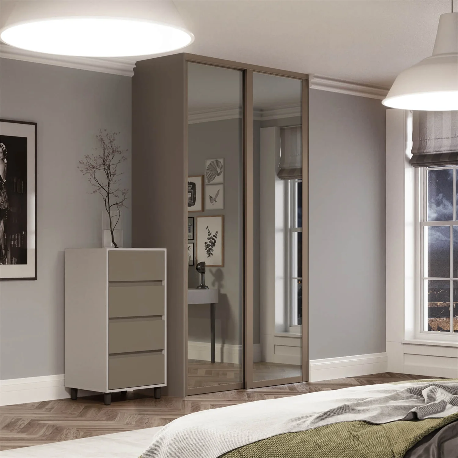 Shaker 2 Door Sliding Wardrobe Kit Mirror With Stone Grey Frame (W)1449 X (H)2260mm - Image 2