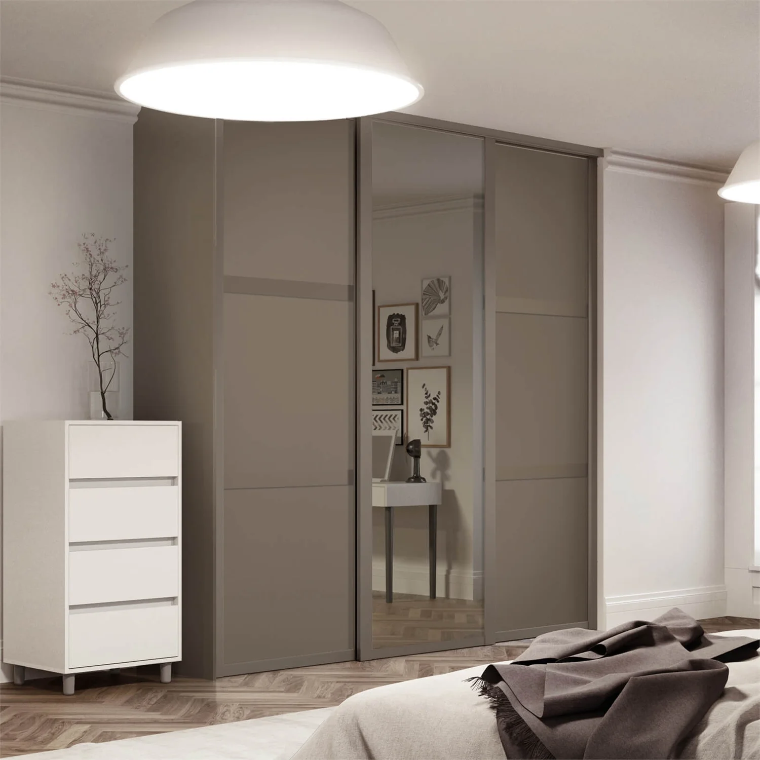 Shaker 3 Door Sliding Wardrobe Kit Stone Grey Panel / Mirror With Stone Grey Frame (W)2592 X (H)2260mm - Image 2