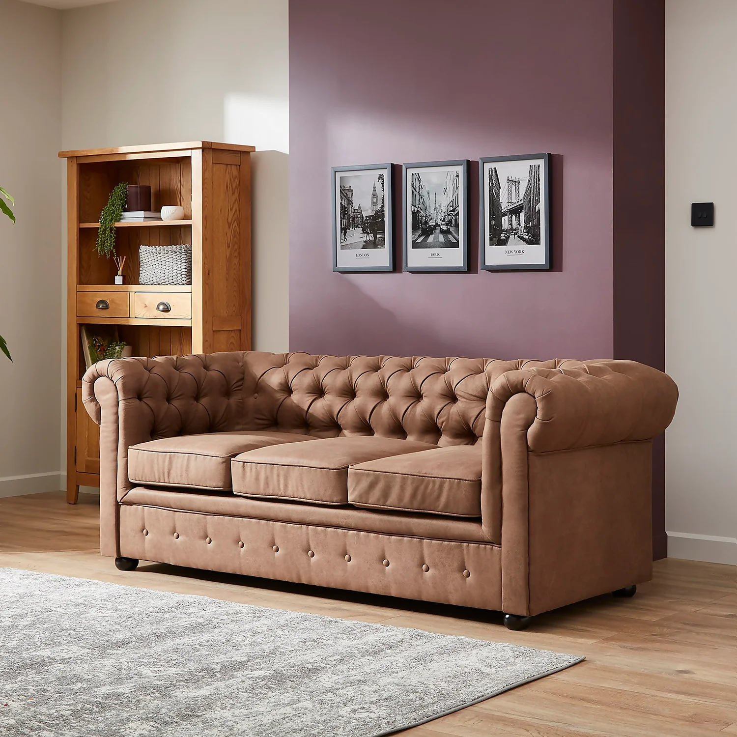 Chesterfield Faux Leather 3 Seater Sofa - Tan - Image 2