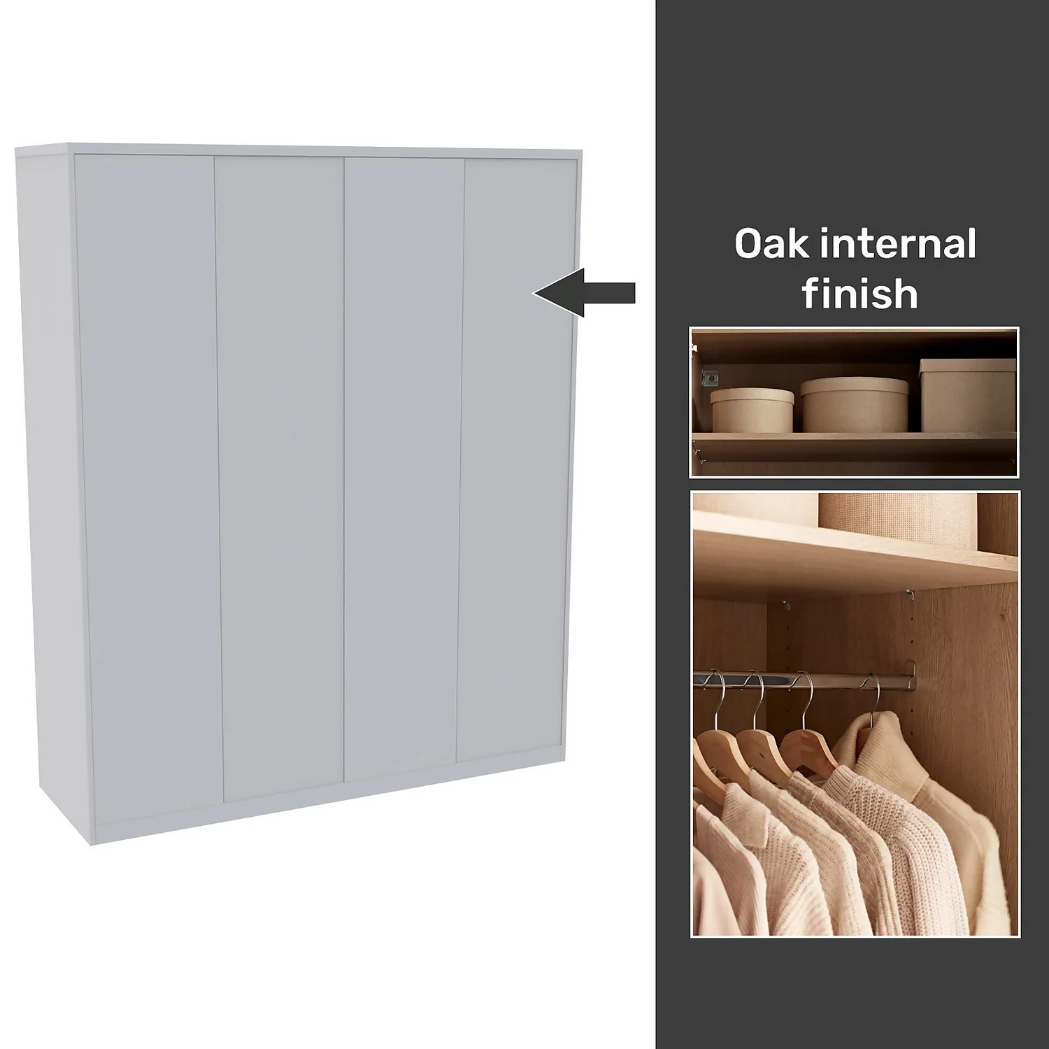 House Beautiful Honest Fitted Look Quad Wardrobe, Oak Effect Carcass - Gloss White Slab Doors (W) 1840mm X (H) 2226mm