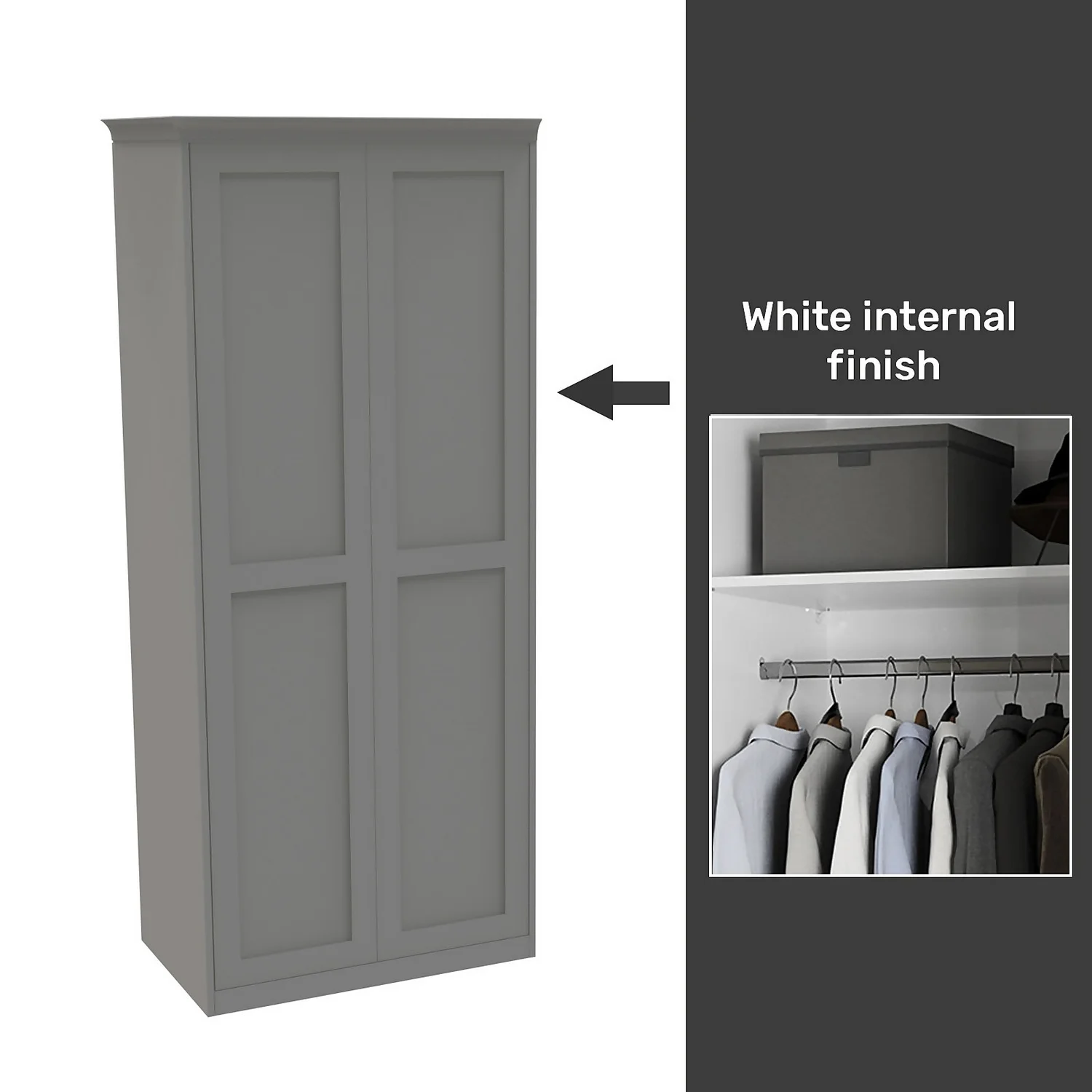House Beautiful Realm Fitted Look Double Wardrobe, White Carcass - Grey Shaker Doors (W) 1001mm X (H) 2256mm