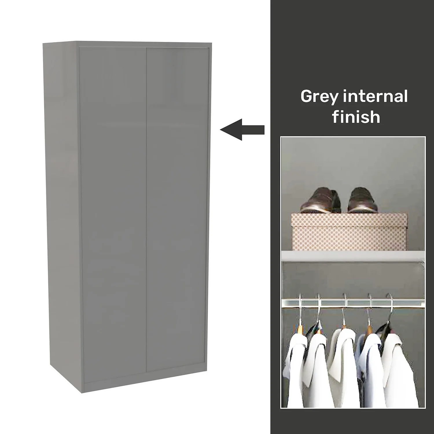 House Beautiful Honest Fitted Look Double Wardrobe, Grey Carcass - Gloss Grey Slab Doors (W) 940mm X (H) 2226mm