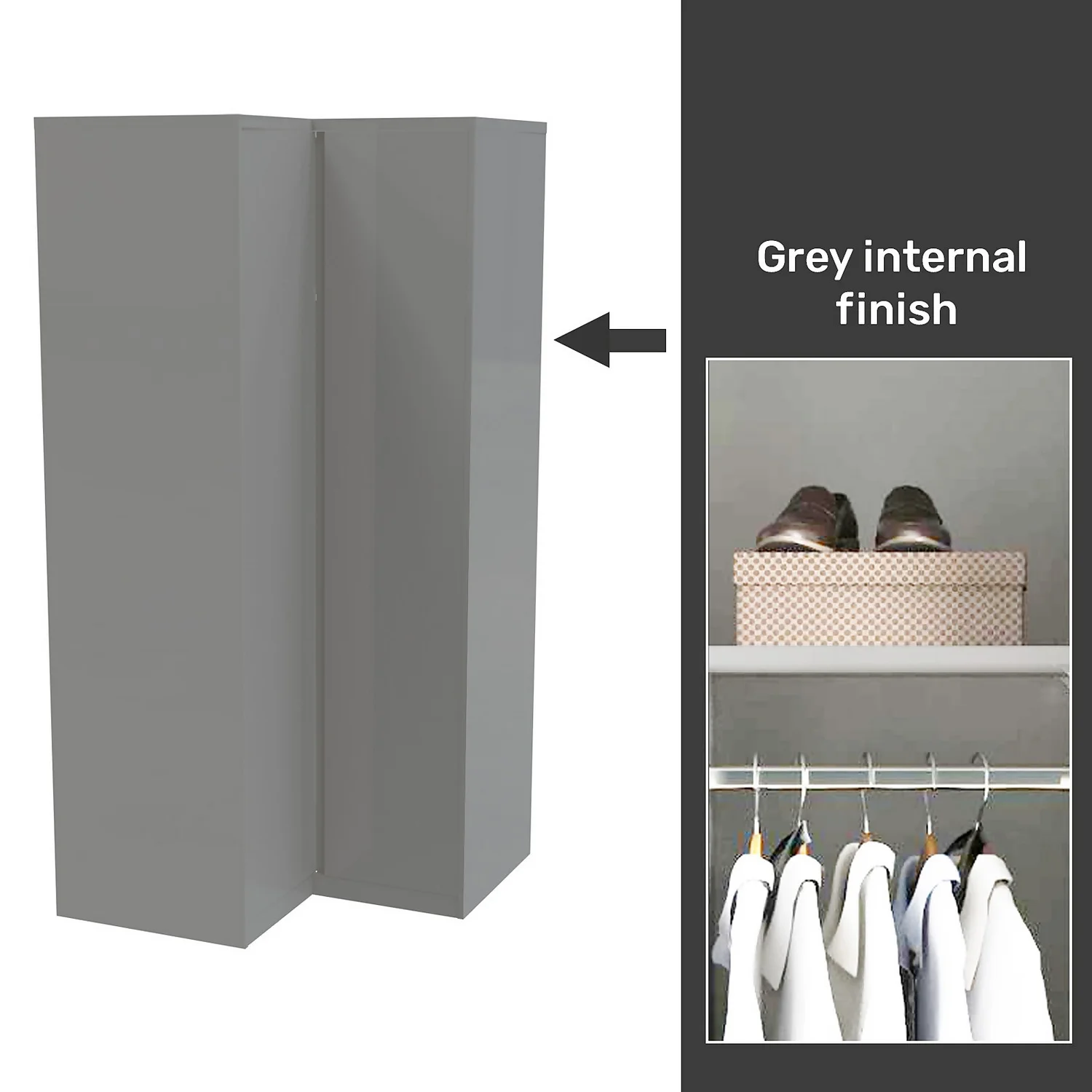 House Beautiful Escape Fitted Look Corner Wardrobe, Grey Carcass - Gloss Grey Handleless Doors (W) 1073mm X (H) 2226mm