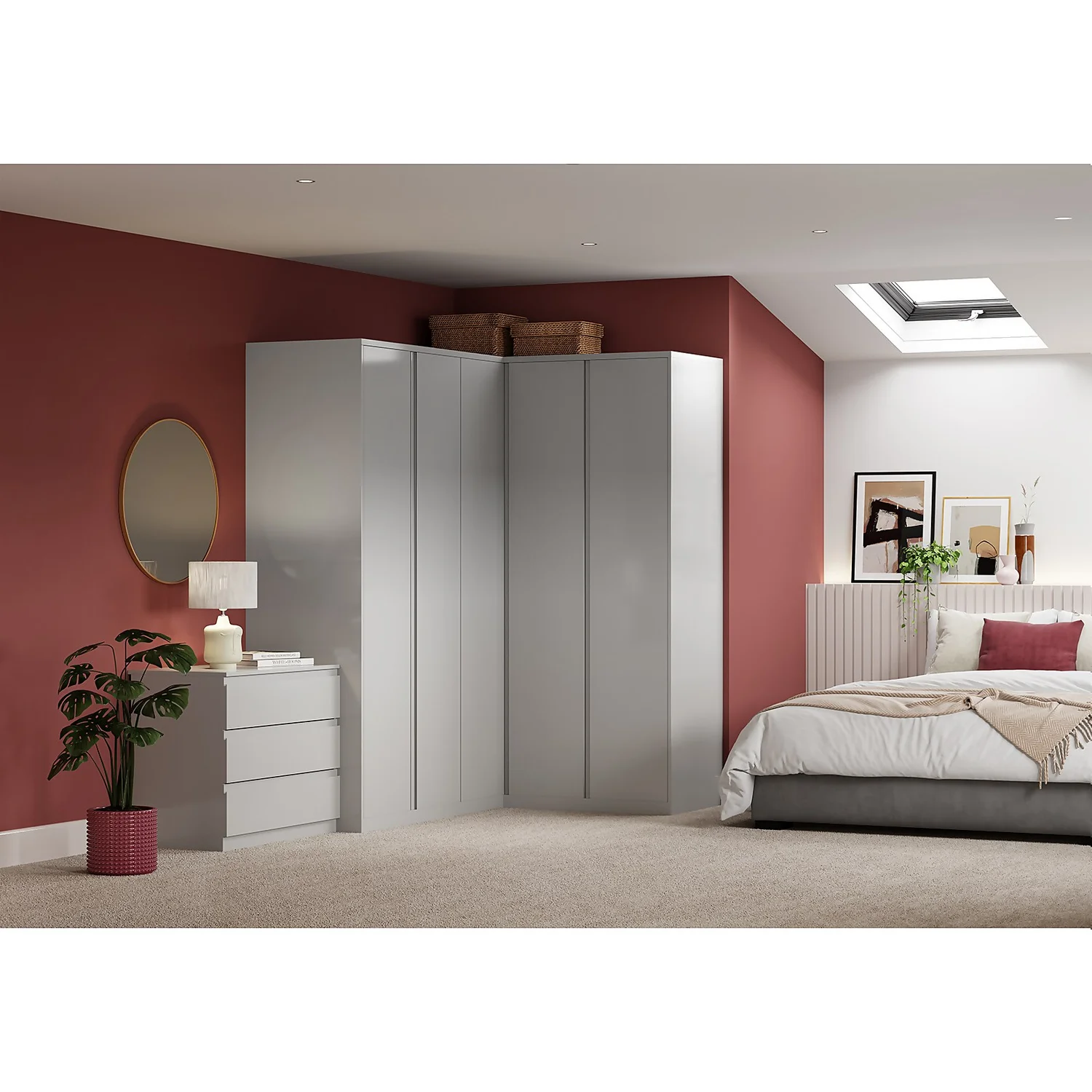 House Beautiful Escape Fitted Look Corner Wardrobe, Grey Carcass - Gloss Grey Handleless Doors (W) 1073mm X (H) 2226mm - Image 4
