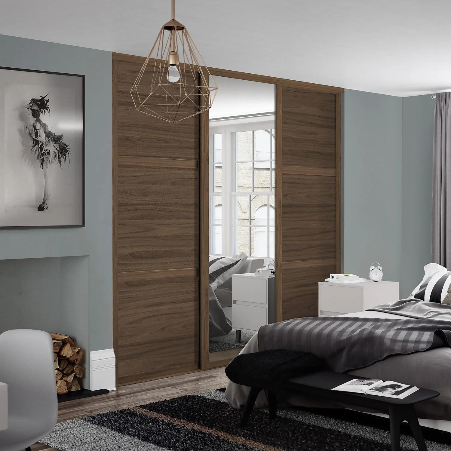 Shaker 3 Door Sliding Wardrobe Kit Walnut Panel / Mirror With Walnut Frame (W)2136 X (H)2260mm - Image 2